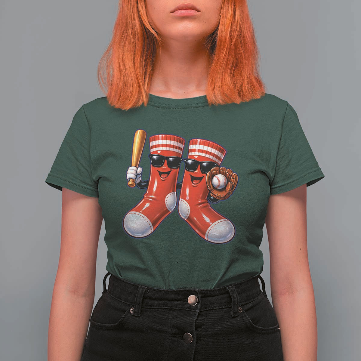 Funny Red Socks Playing Baseball Graphic Sport Game Day T Shirt For Women