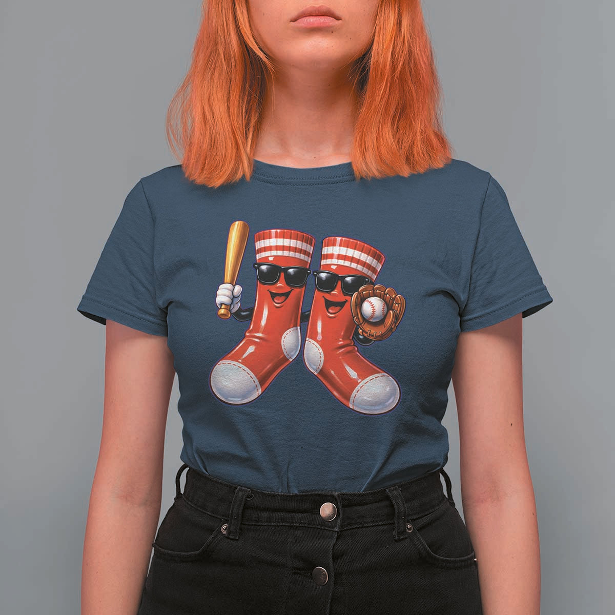 Funny Red Socks Playing Baseball Graphic Sport Game Day T Shirt For Women