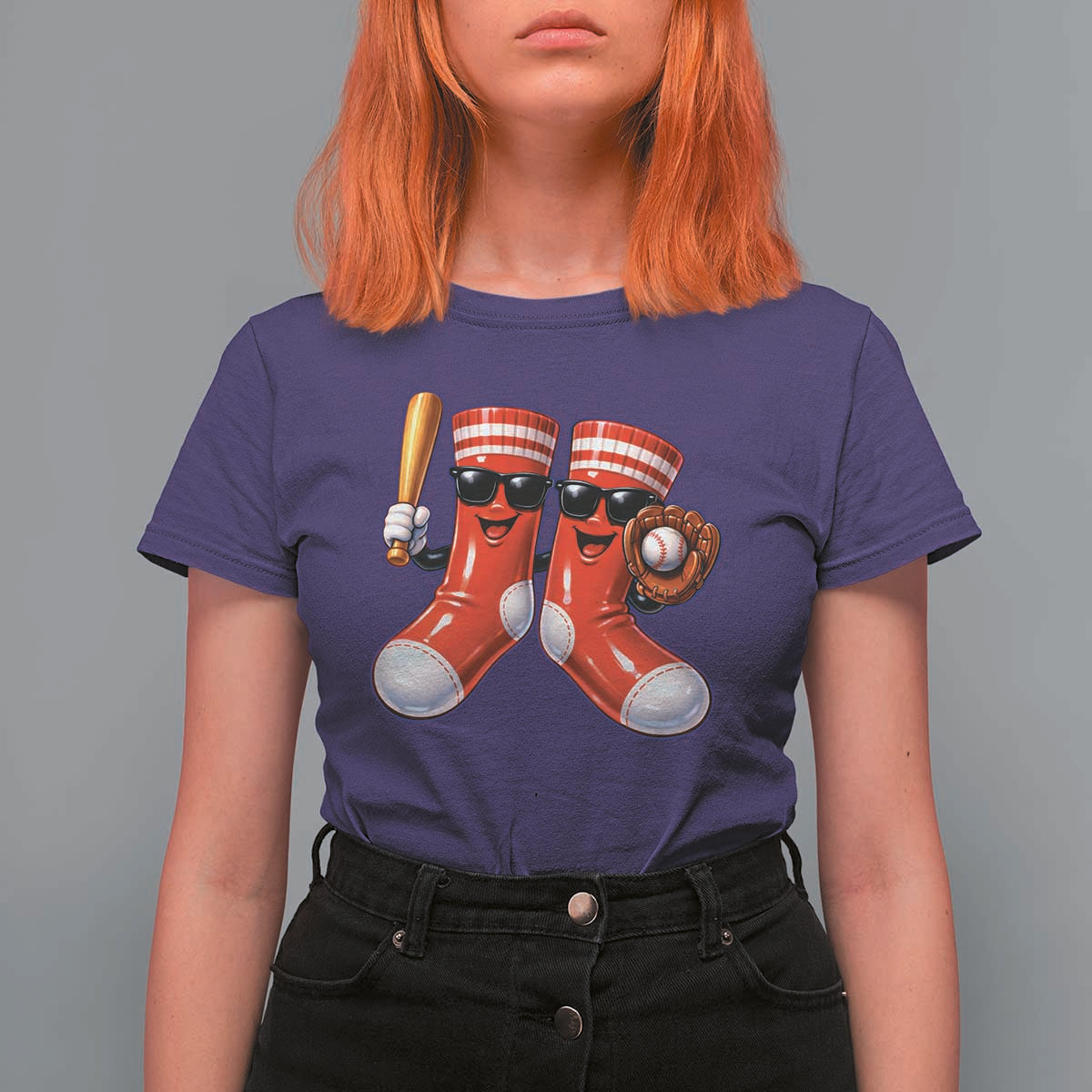 Funny Red Socks Playing Baseball Graphic Sport Game Day T Shirt For Women