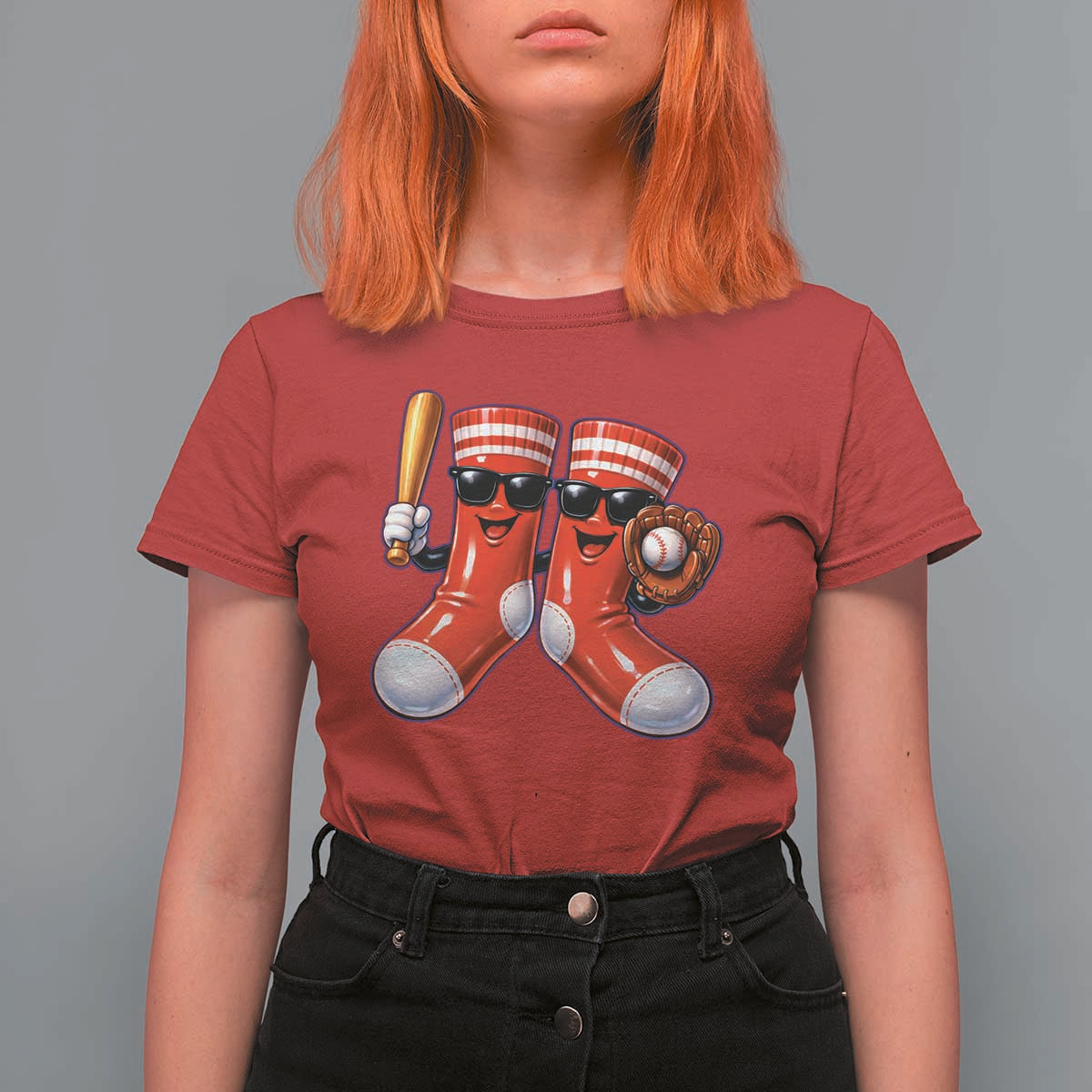 Funny Red Socks Playing Baseball Graphic Sport Game Day T Shirt For Women