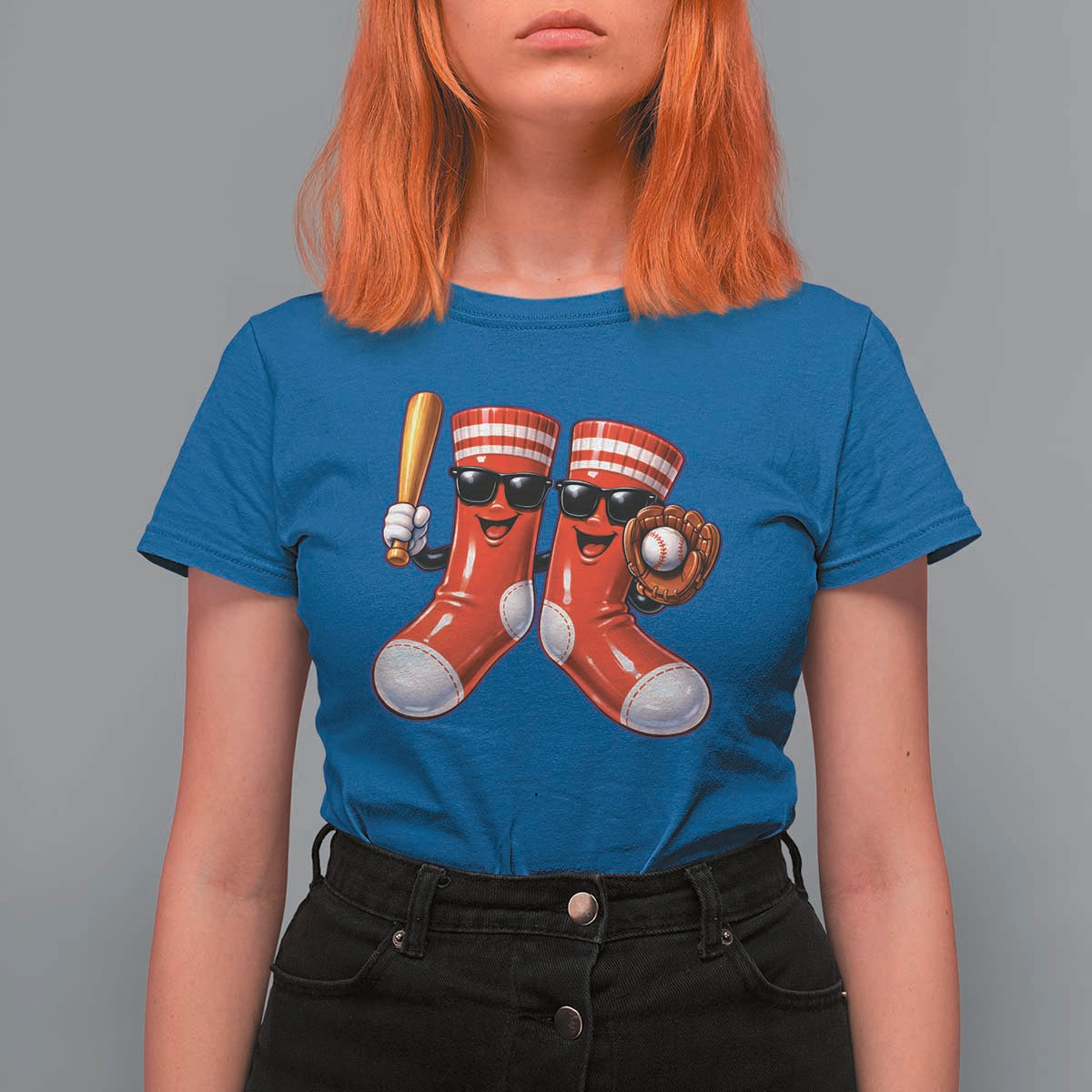 Funny Red Socks Playing Baseball Graphic Sport Game Day T Shirt For Women