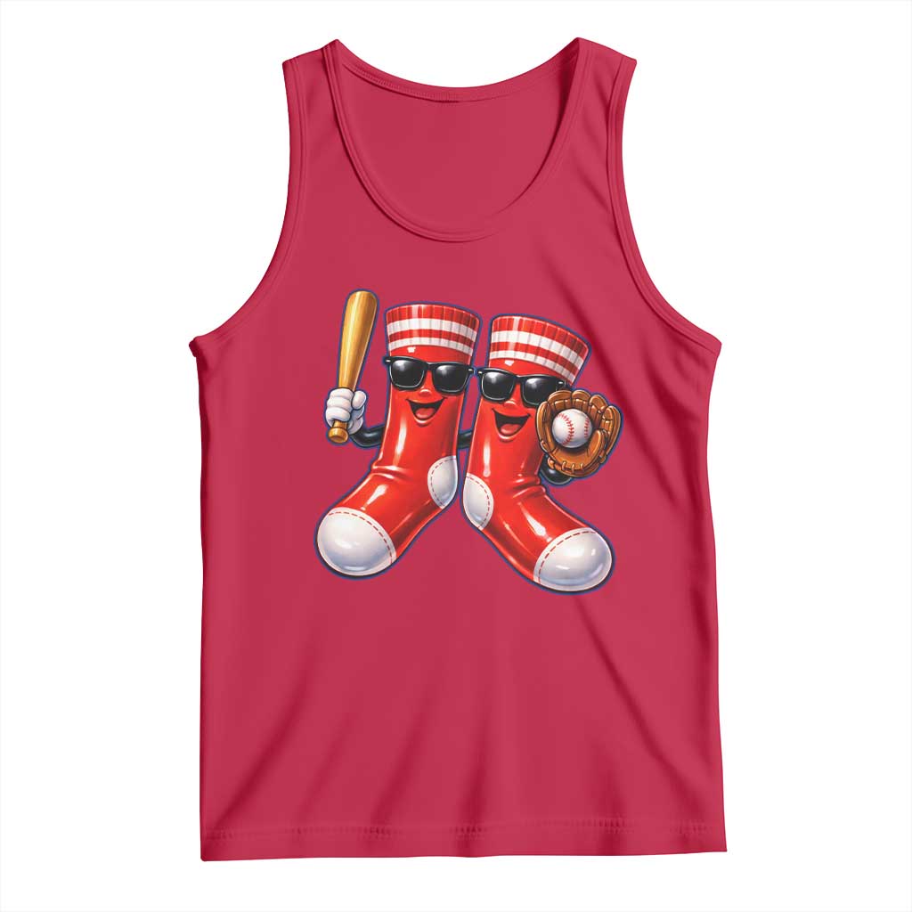 Funny Red Socks Playing Baseball Graphic Sport Game Day Tank Top