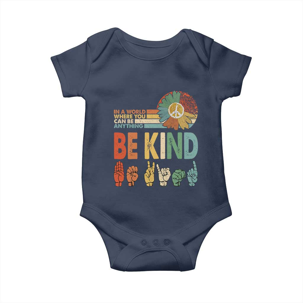 In A World Where You Can Be Anything Be Kind Baby Onesie Sign Language Retro Peace Sign