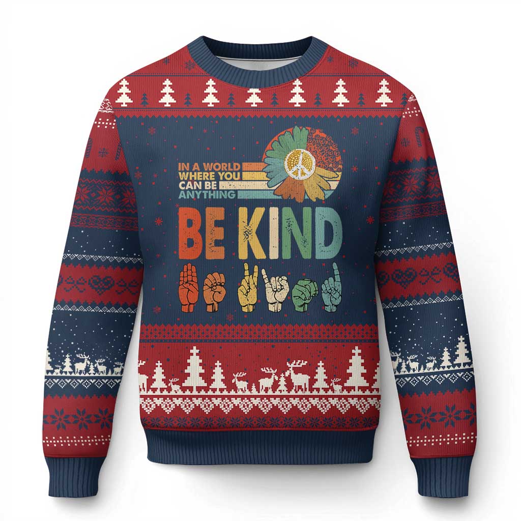 In A World Where You Can Be Anything Be Kind Ugly Christmas Sweater Sign Language Retro Peace Sign