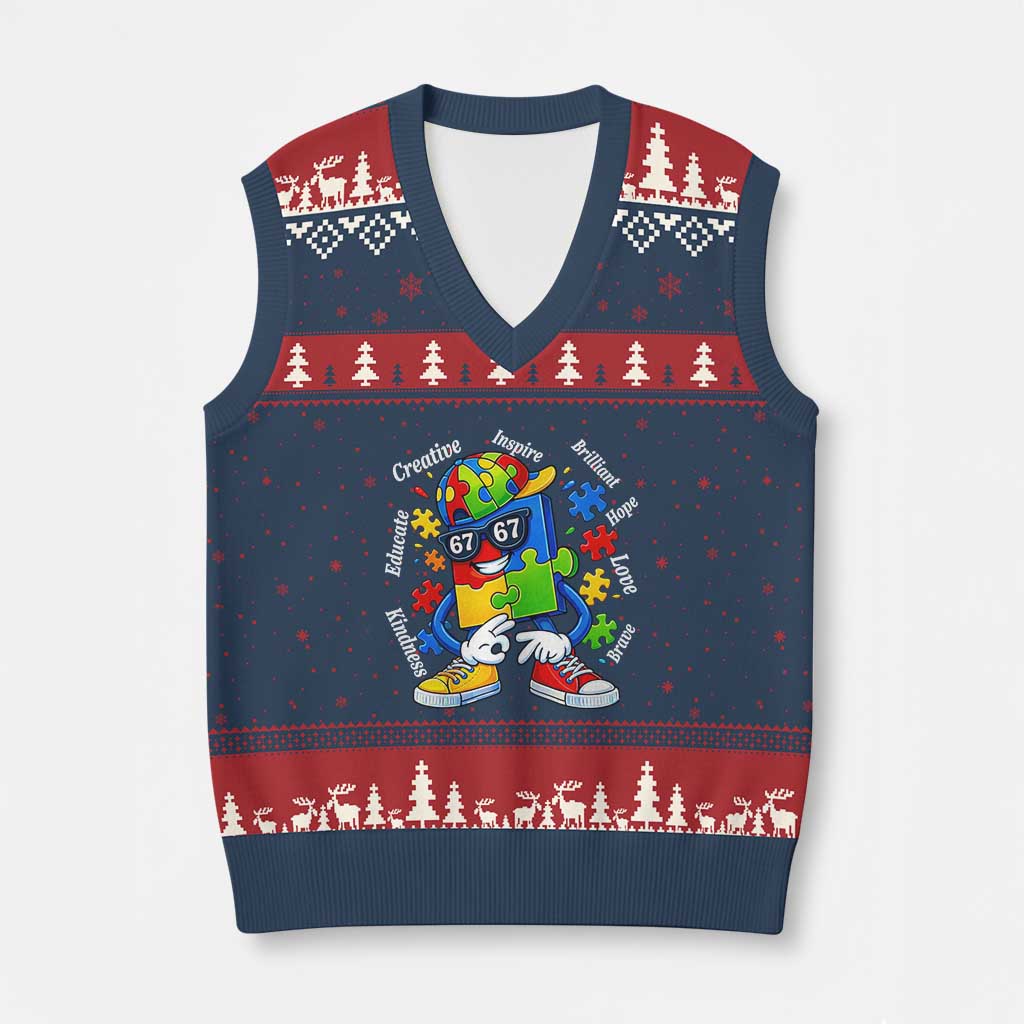 Funny 67 Autism Awareness V-Neck Knit Sweater Vest Six Seven Puzzle Meme Creative Brilliant Hope Love Kindness