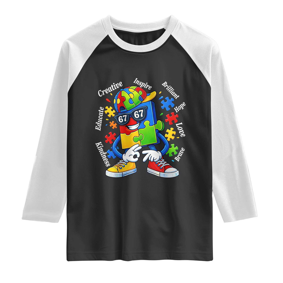 Funny 67 Autism Awareness Raglan Shirt Six Seven Puzzle Meme Creative Brilliant Hope Love Kindness