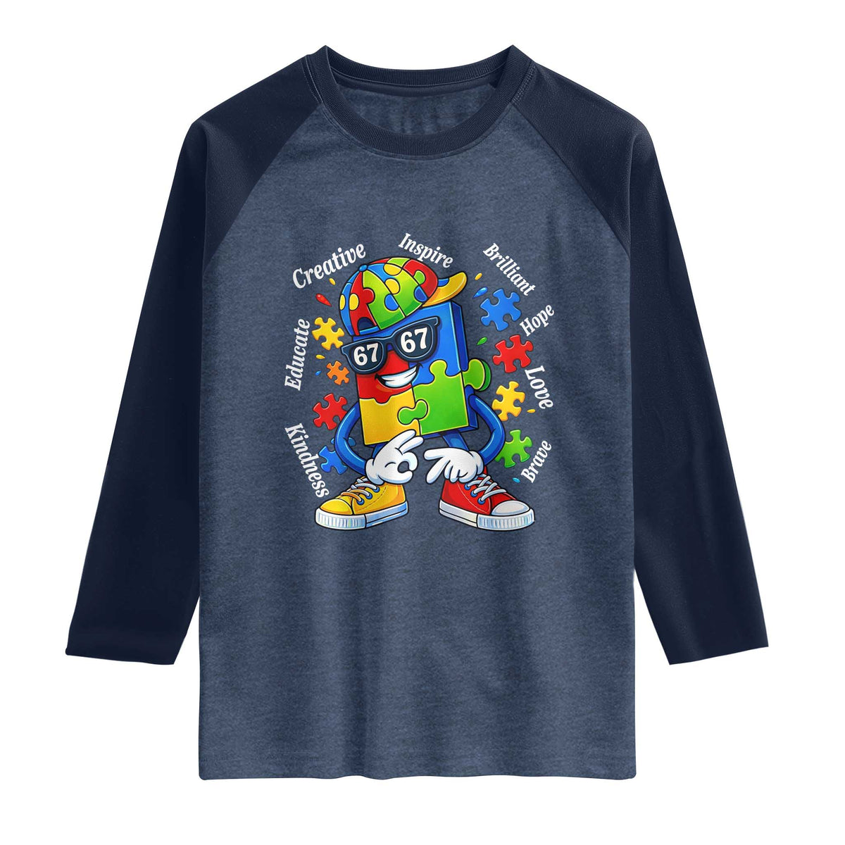 Funny 67 Autism Awareness Raglan Shirt Six Seven Puzzle Meme Creative Brilliant Hope Love Kindness