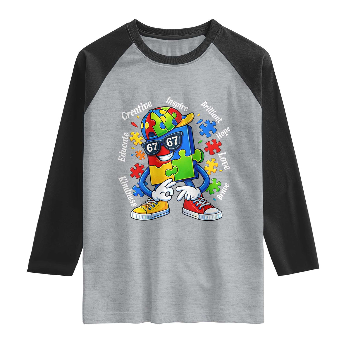 Funny 67 Autism Awareness Raglan Shirt Six Seven Puzzle Meme Creative Brilliant Hope Love Kindness