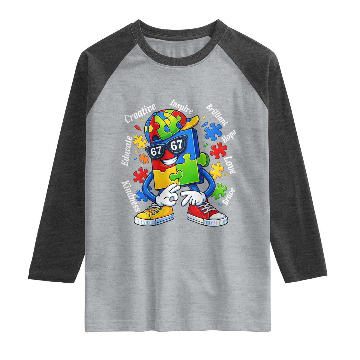 Funny 67 Autism Awareness Raglan Shirt Six Seven Puzzle Meme Creative Brilliant Hope Love Kindness