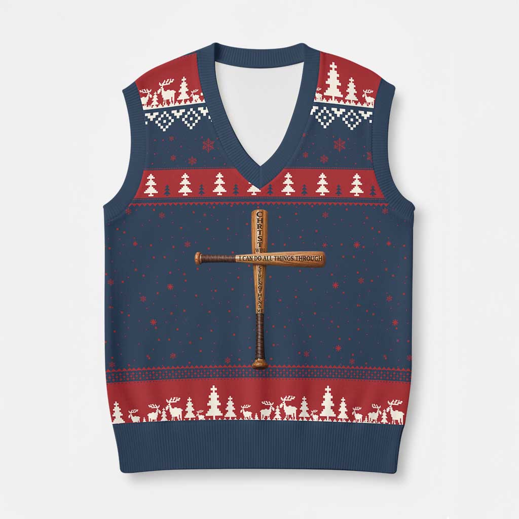 Christian Baseball V-Neck Knit Sweater Vest I Can Do All Things Through Christ Who Strengthens Me