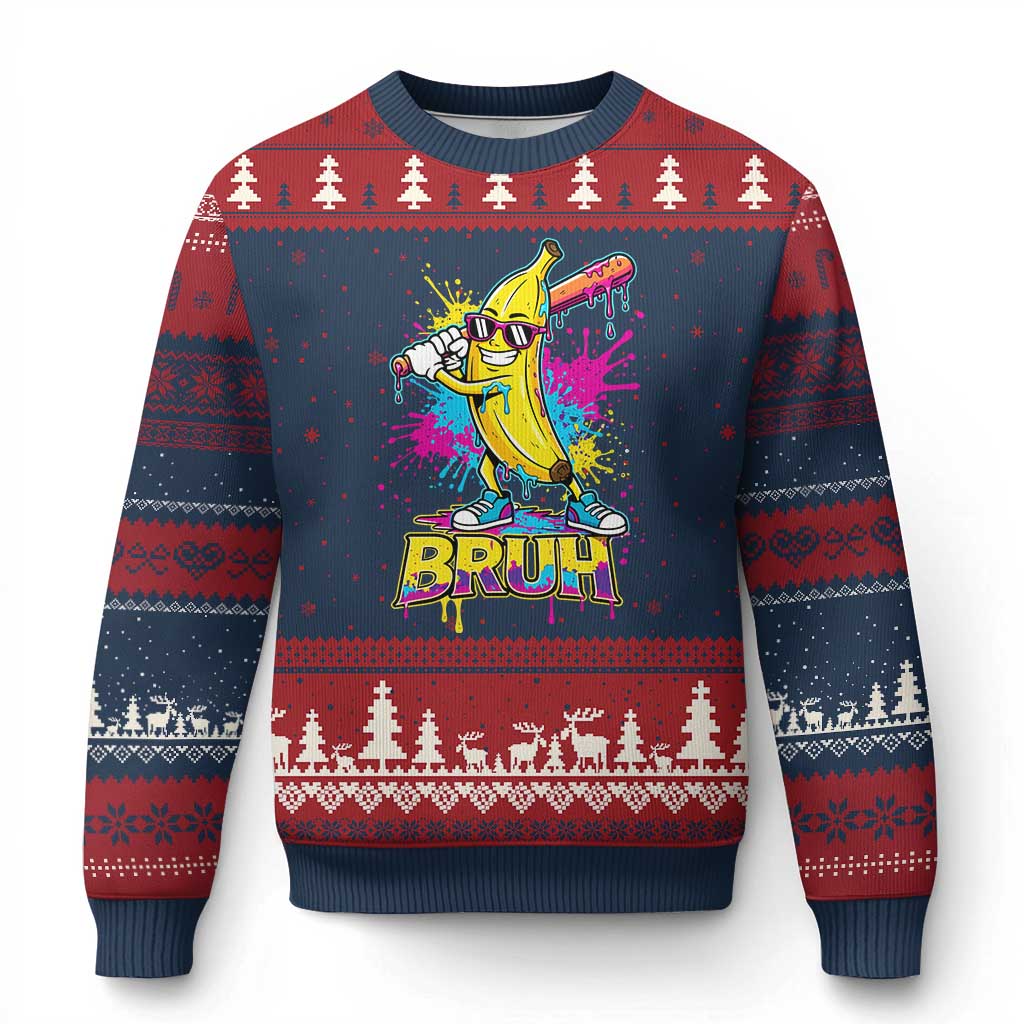 Funny Bruh Banana Baseball Drip Ice Cream Sports Splatter Ugly Christmas Sweater