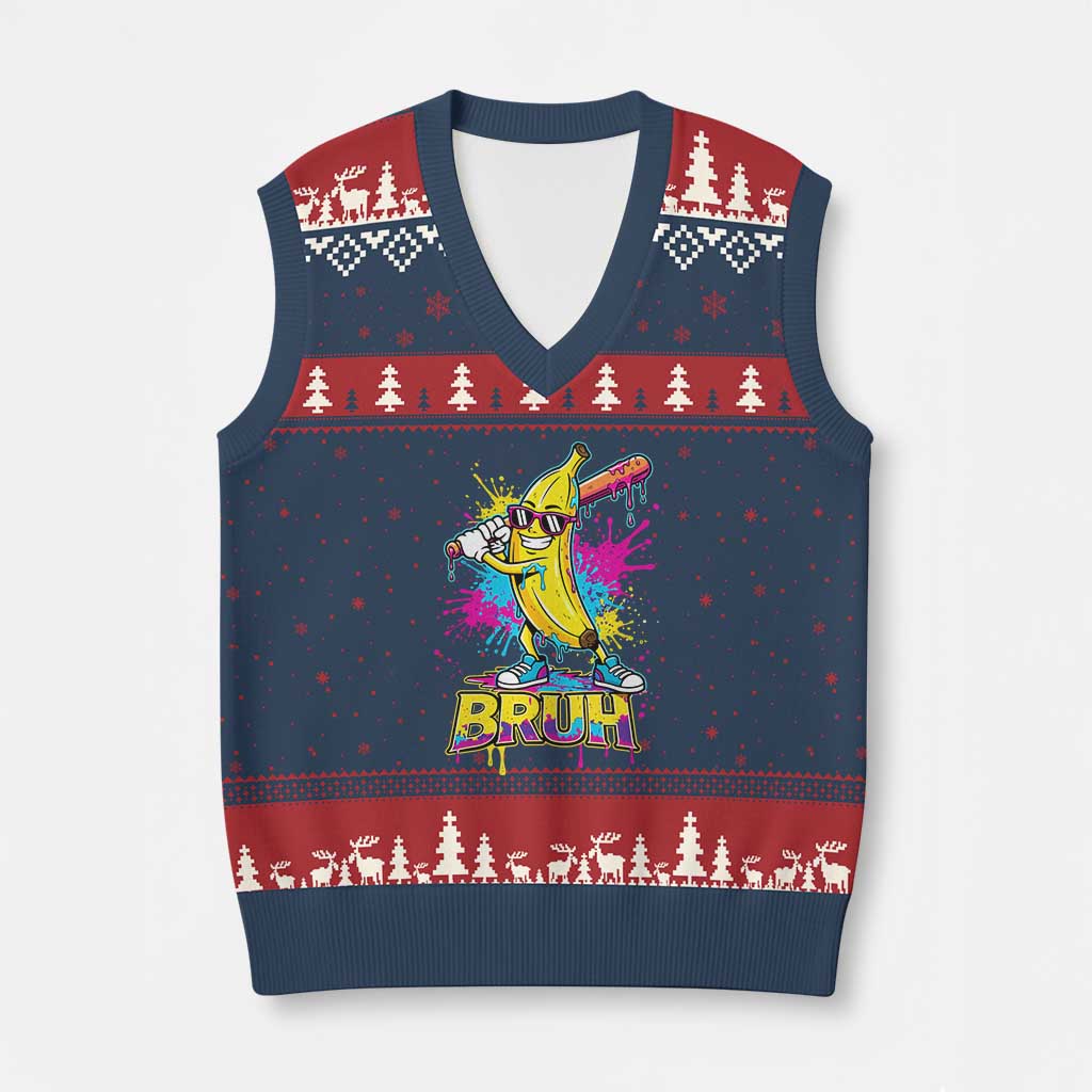 Funny Bruh Banana Baseball Drip Ice Cream Sports Splatter V-Neck Knit Sweater Vest