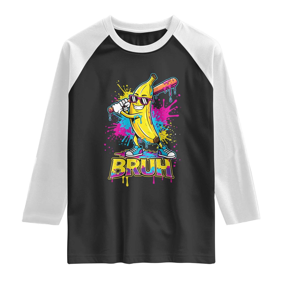 Funny Bruh Banana Baseball Drip Ice Cream Sports Splatter Raglan Shirt