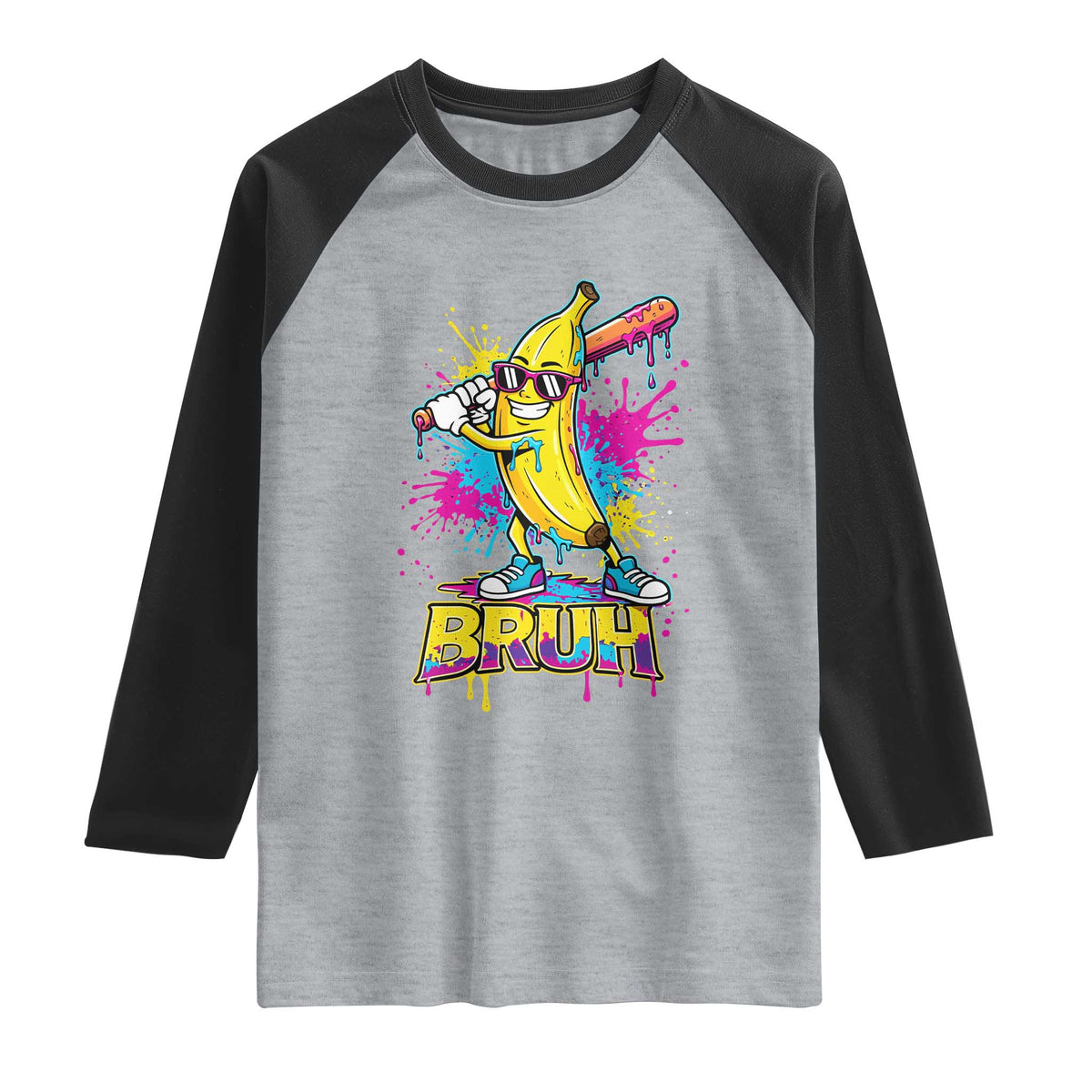 Funny Bruh Banana Baseball Drip Ice Cream Sports Splatter Raglan Shirt