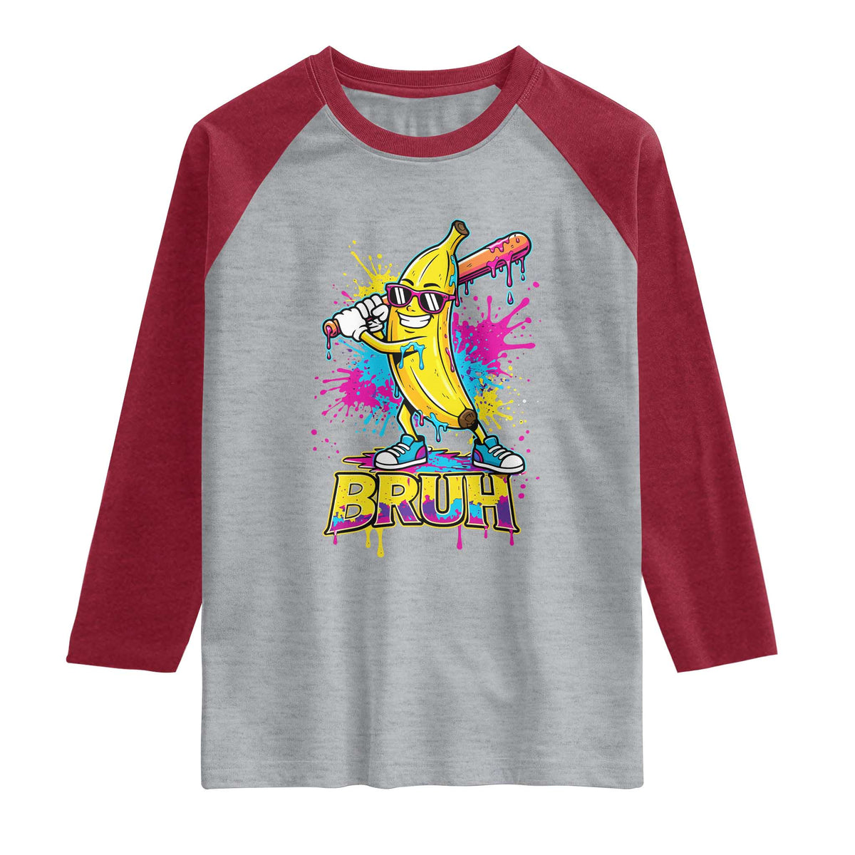 Funny Bruh Banana Baseball Drip Ice Cream Sports Splatter Raglan Shirt