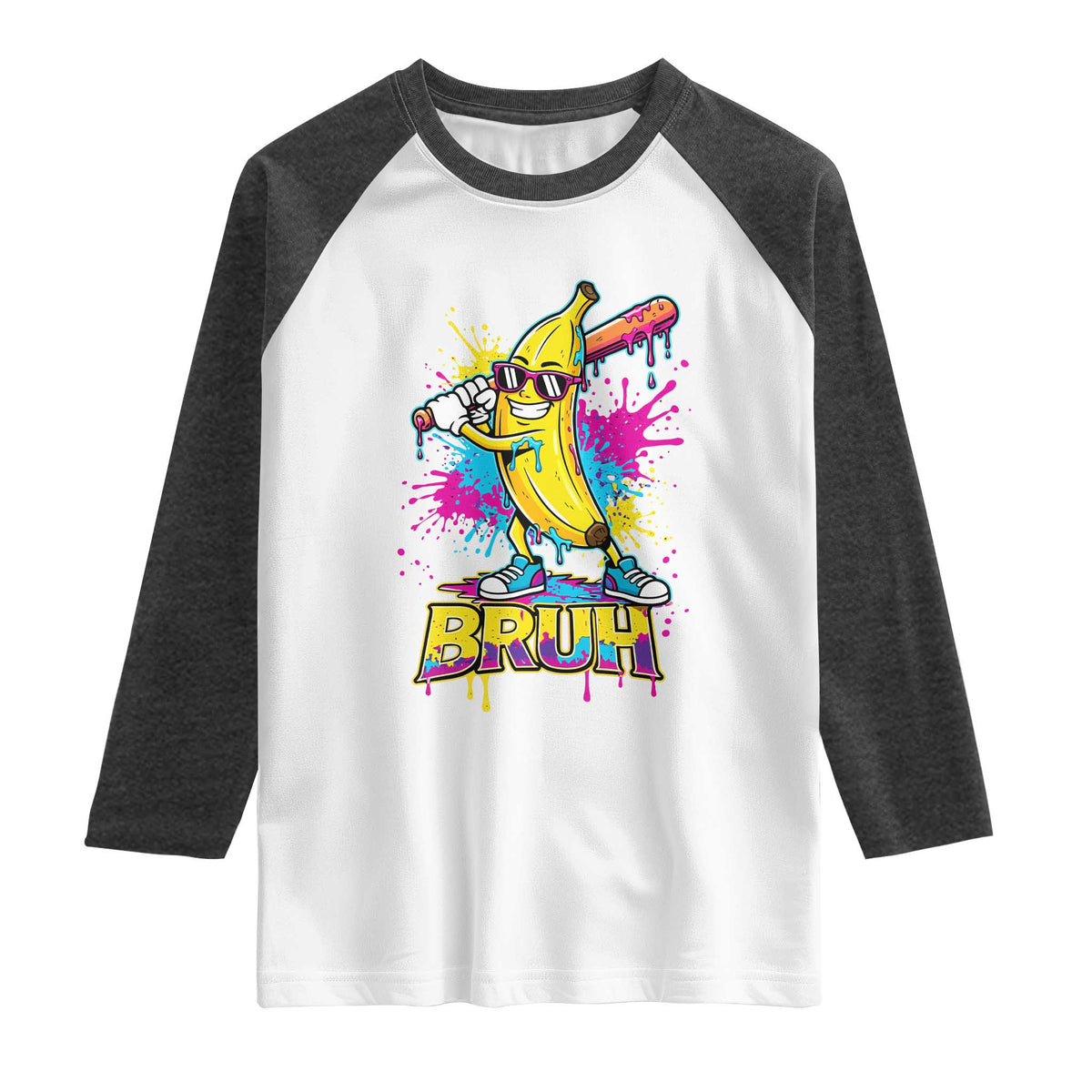 Funny Bruh Banana Baseball Drip Ice Cream Sports Splatter Raglan Shirt