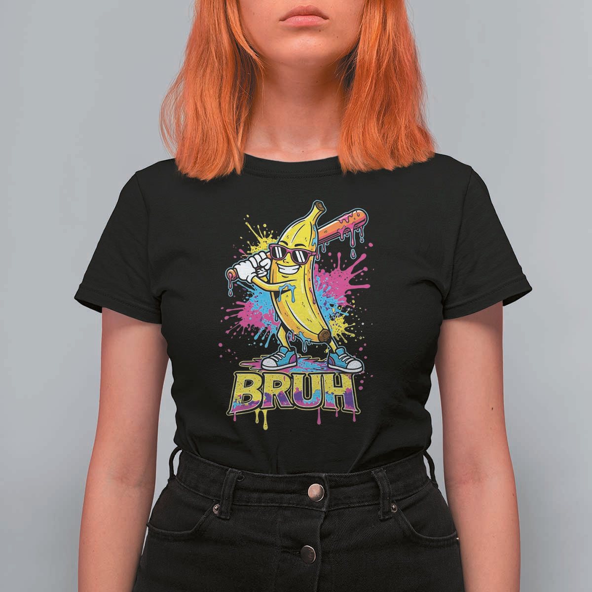Funny Bruh Banana Baseball Drip Ice Cream Sports Splatter T Shirt For Women
