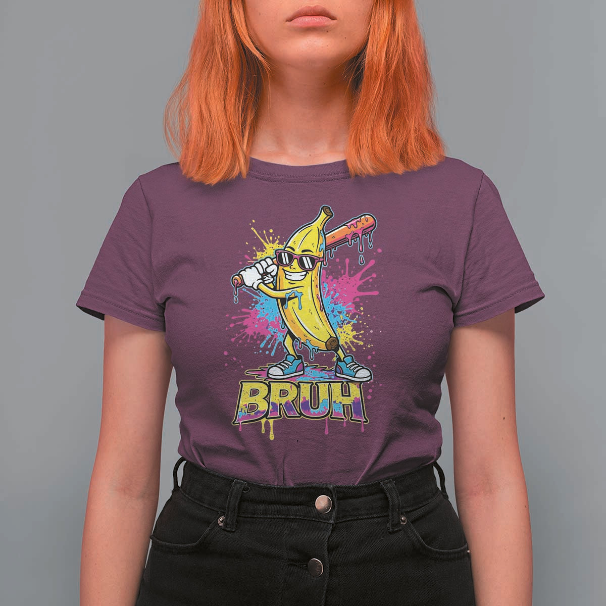 Funny Bruh Banana Baseball Drip Ice Cream Sports Splatter T Shirt For Women