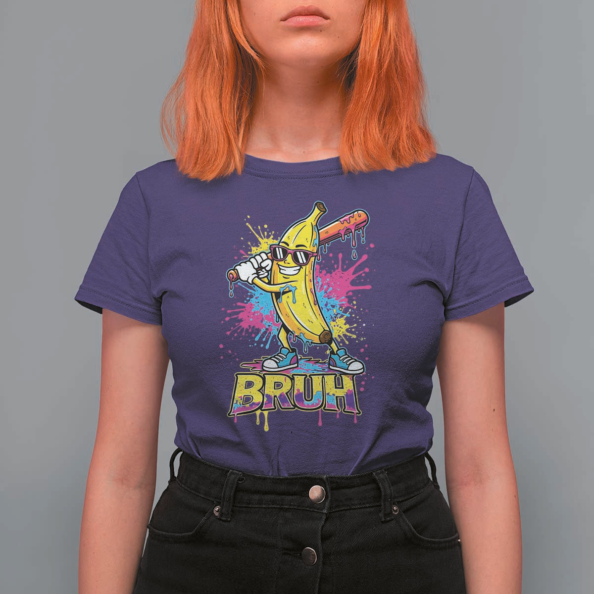 Funny Bruh Banana Baseball Drip Ice Cream Sports Splatter T Shirt For Women