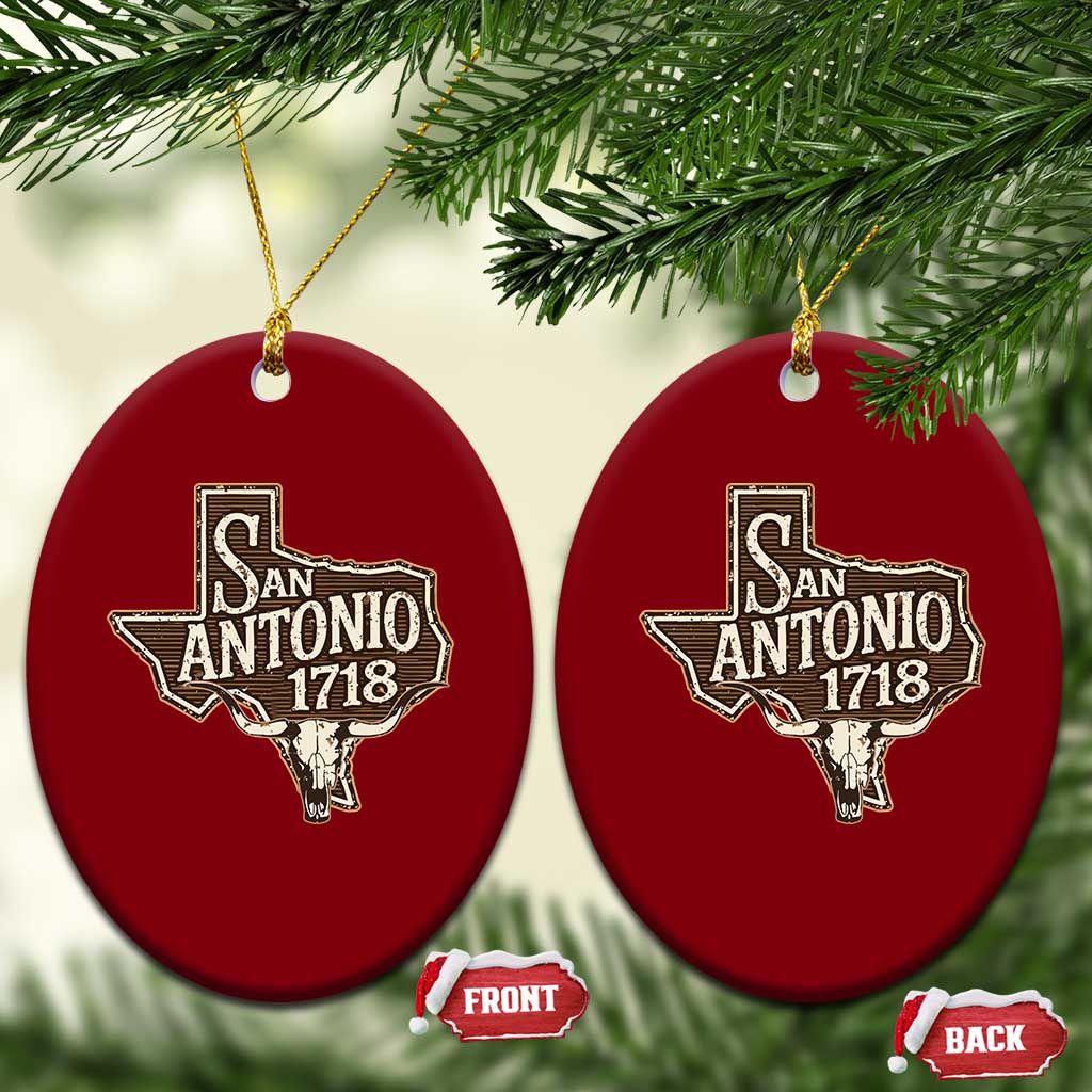 Vintage San Antonio Texas Est 1718 Longhorn Cow Skull Ceramic Ornament