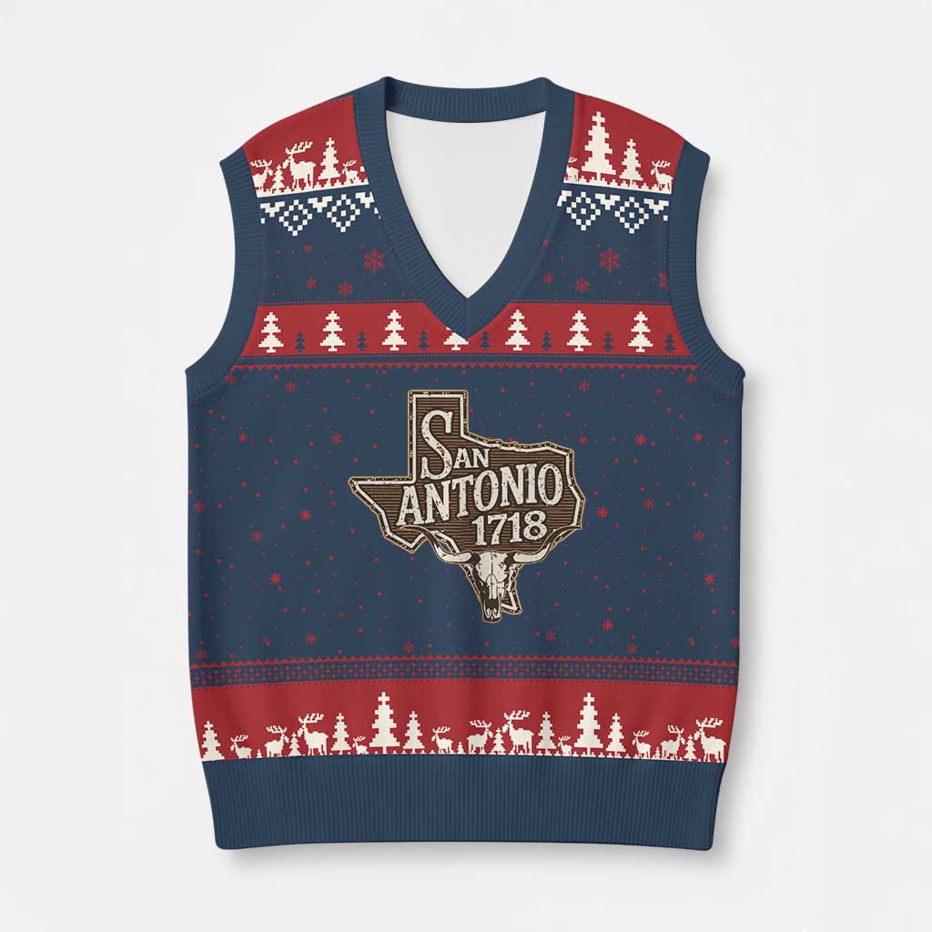Vintage San Antonio Texas Est 1718 Longhorn Cow Skull V-Neck Knit Sweater Vest