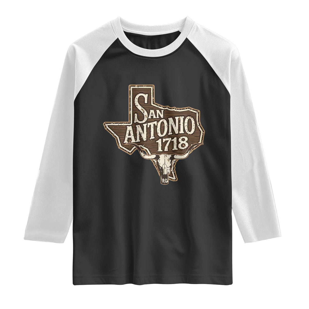 Vintage San Antonio Texas Est 1718 Longhorn Cow Skull Raglan Shirt