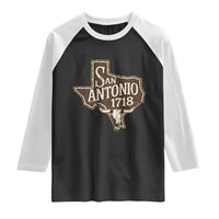 Vintage San Antonio Texas Est 1718 Longhorn Cow Skull Raglan Shirt