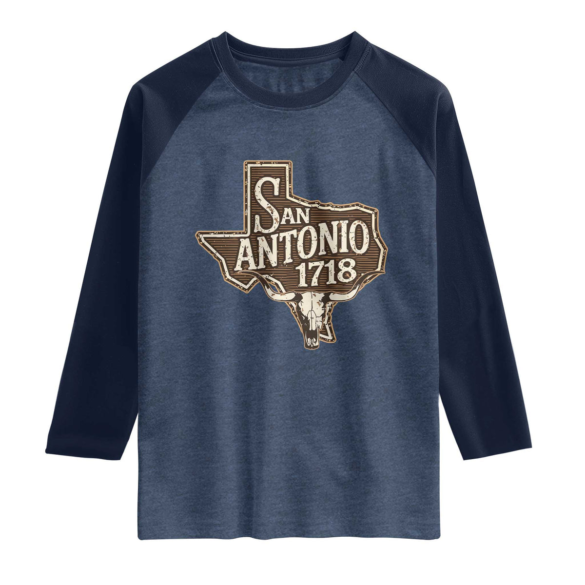 Vintage San Antonio Texas Est 1718 Longhorn Cow Skull Raglan Shirt
