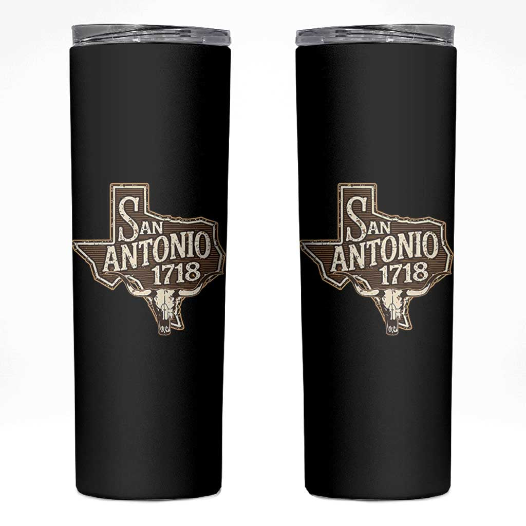 Vintage San Antonio Texas Est 1718 Longhorn Cow Skull Skinny Tumbler