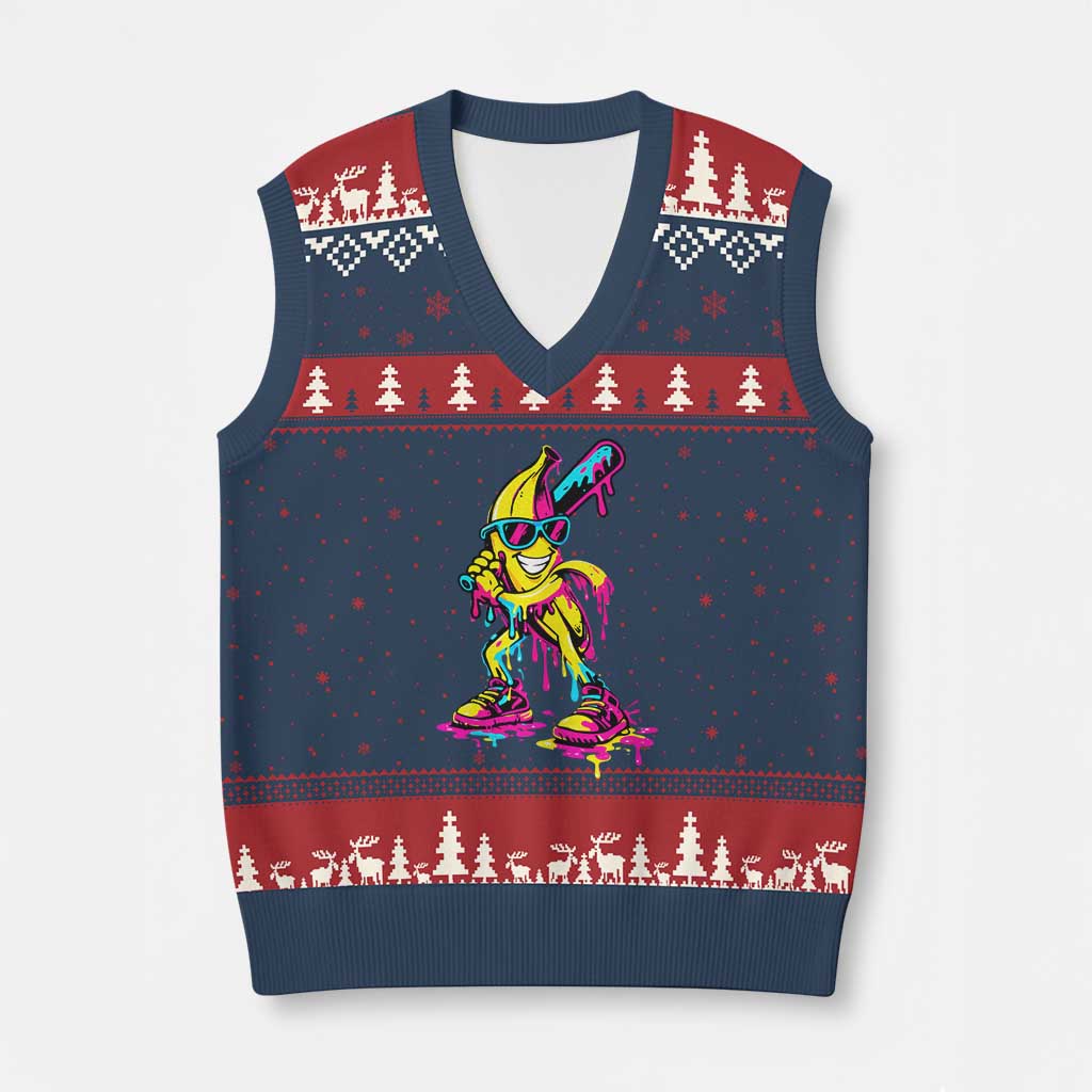 Funny Banana Baseball Drip Ice Cream Splatter V-Neck Knit Sweater Vest