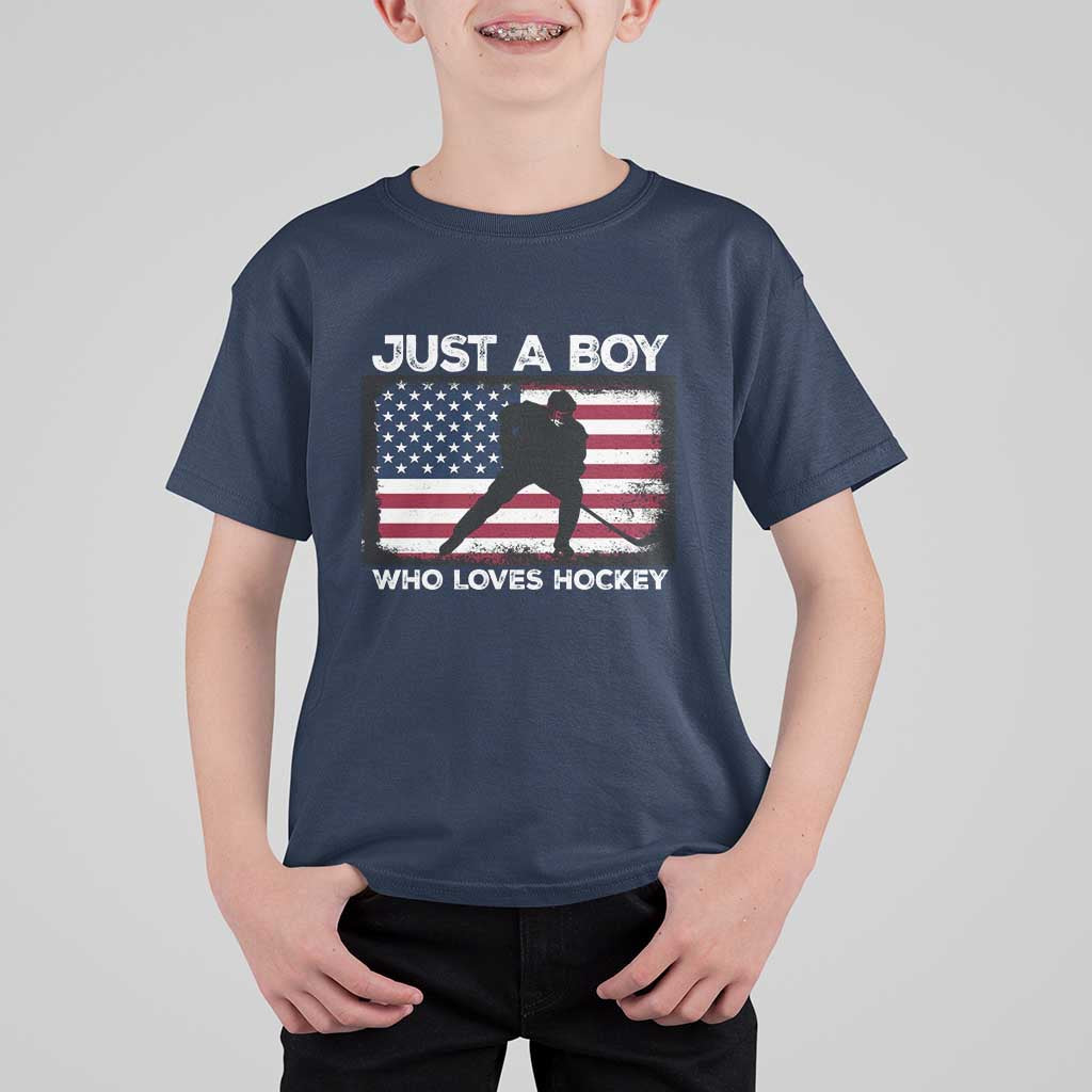 Ice Hockey Lover T Shirt For Kid Just A Boy Who Loves Hockey USA Flag - Wonder Print Shop