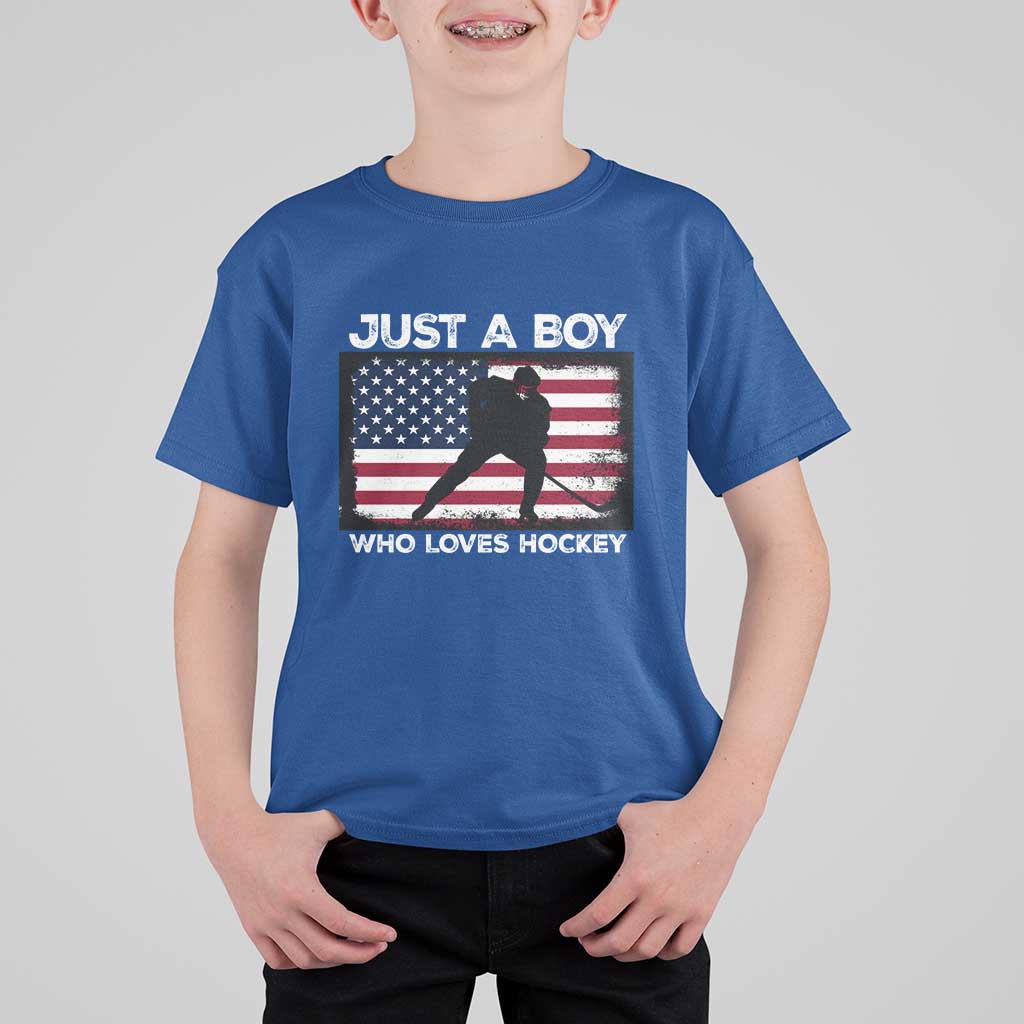 Ice Hockey Lover T Shirt For Kid Just A Boy Who Loves Hockey USA Flag - Wonder Print Shop