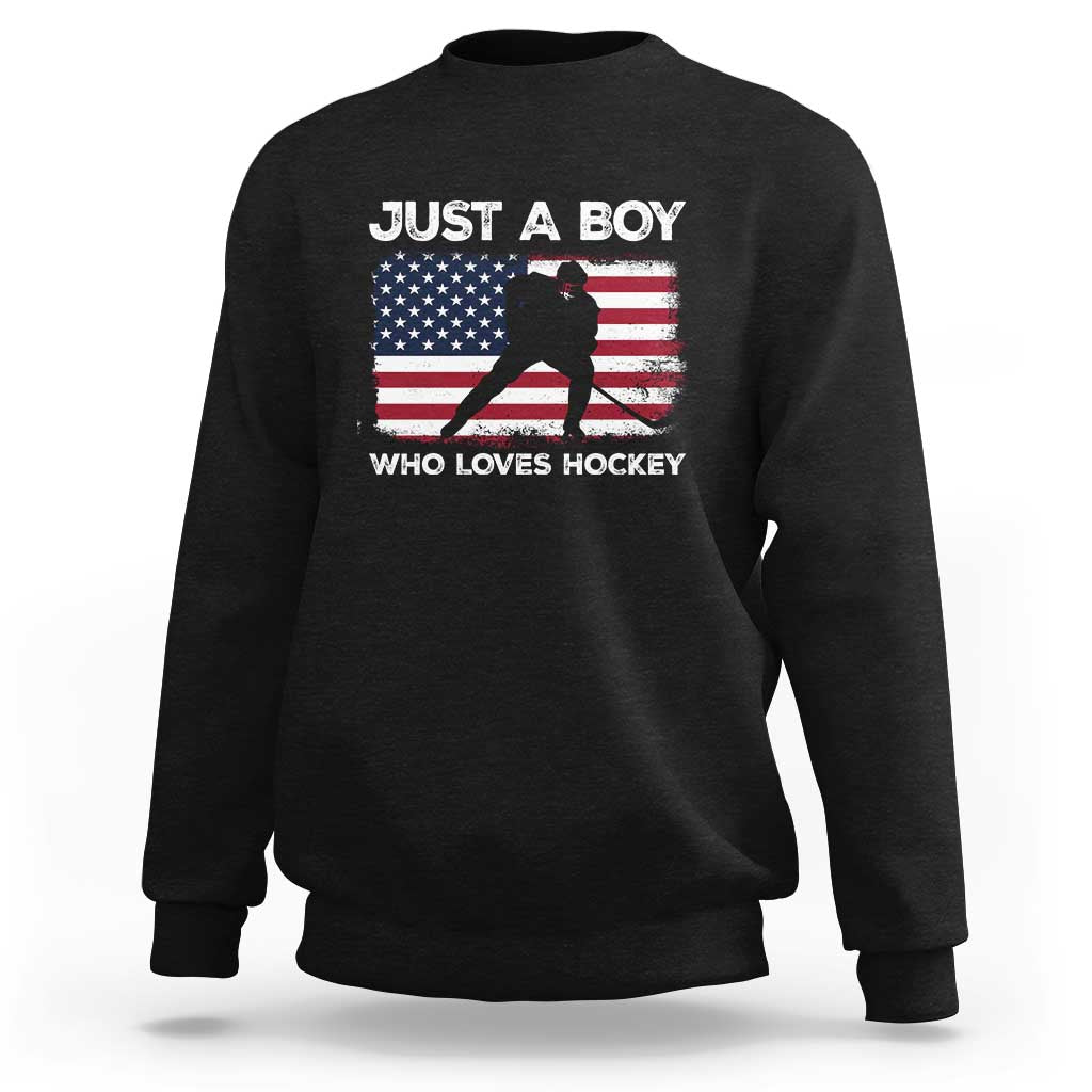 Ice Hockey Lover Sweatshirt Just A Boy Who Loves Hockey USA Flag - Wonder Print Shop