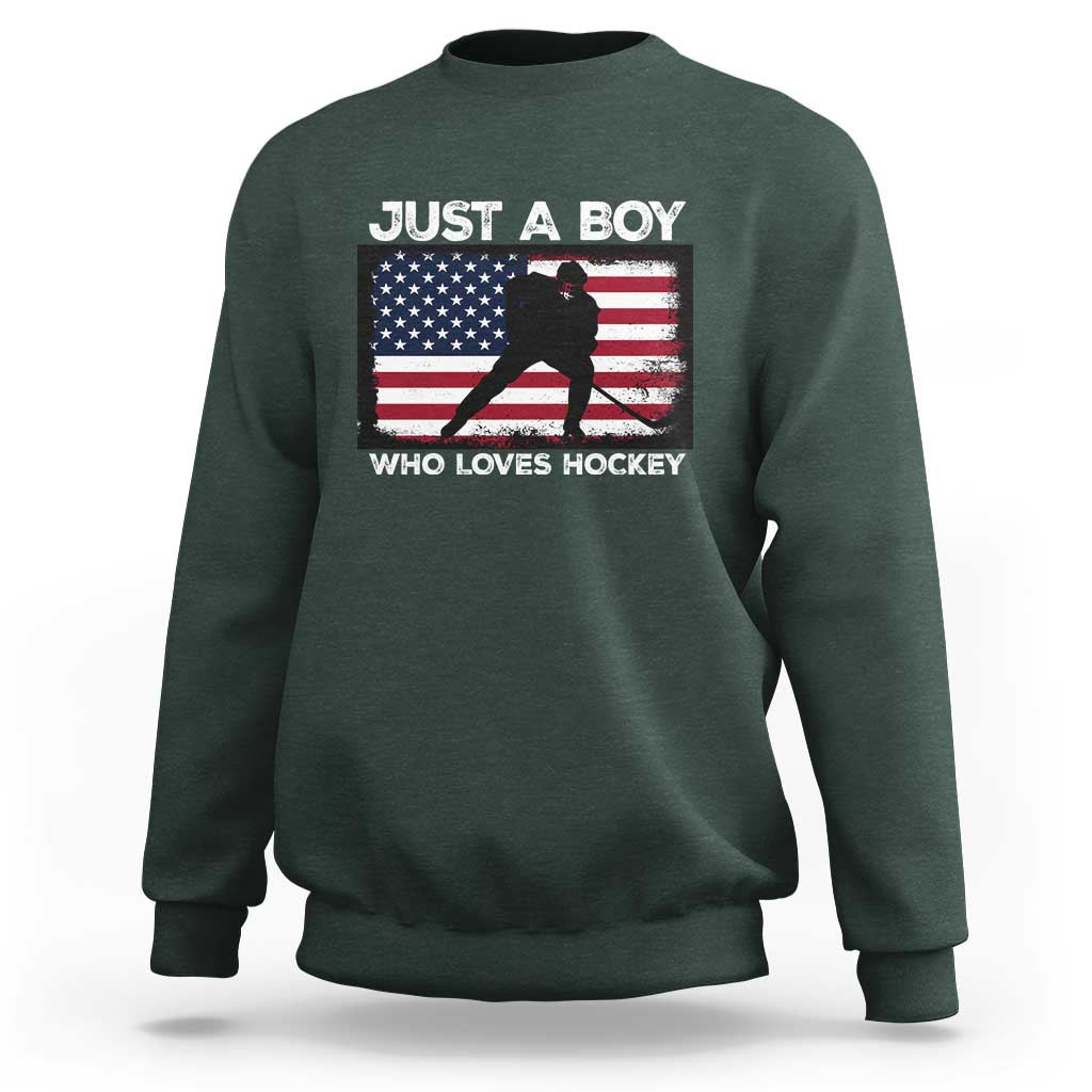 Ice Hockey Lover Sweatshirt Just A Boy Who Loves Hockey USA Flag - Wonder Print Shop