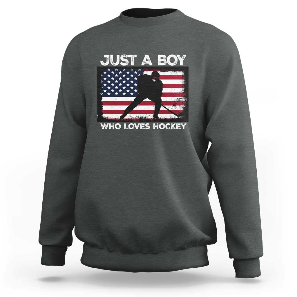 Ice Hockey Lover Sweatshirt Just A Boy Who Loves Hockey USA Flag - Wonder Print Shop