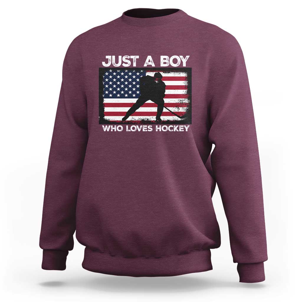 Ice Hockey Lover Sweatshirt Just A Boy Who Loves Hockey USA Flag - Wonder Print Shop