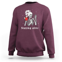 Funny Skull Sweatshirt Staying Alive Skeleton Drink Coffee - Wonder Print Shop