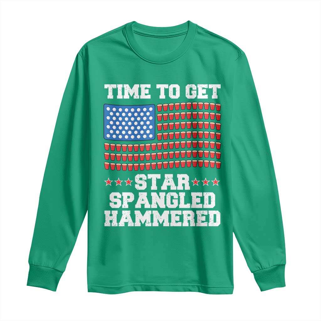 Funny Time To Get Star Spangled Hammered Long Sleeve Shirt 4th of July Drinking Beer Pong Red Cup American Flag - Wonder Print Shop