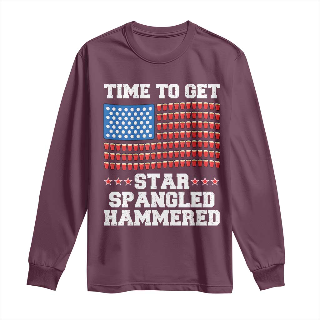 Funny Time To Get Star Spangled Hammered Long Sleeve Shirt 4th of July Drinking Beer Pong Red Cup American Flag - Wonder Print Shop