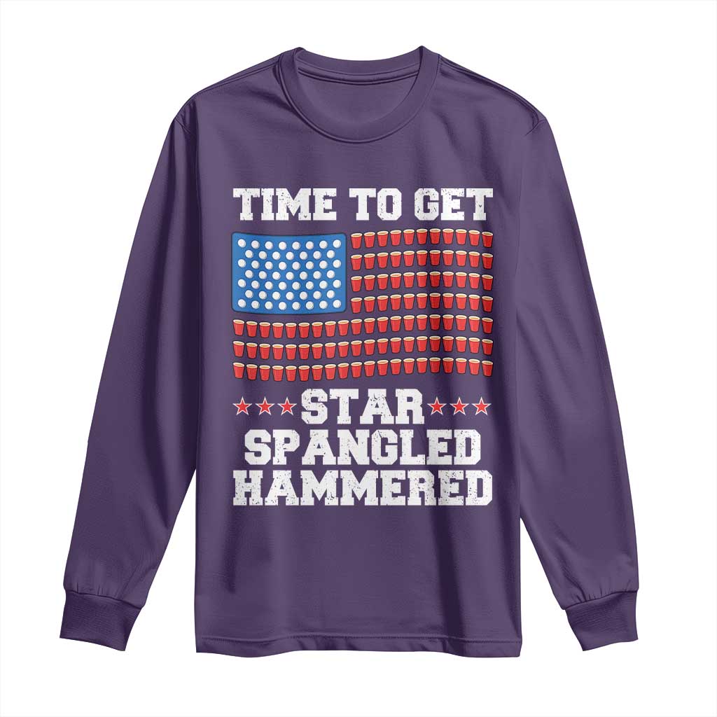 Funny Time To Get Star Spangled Hammered Long Sleeve Shirt 4th of July Drinking Beer Pong Red Cup American Flag - Wonder Print Shop