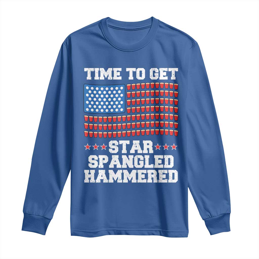Funny Time To Get Star Spangled Hammered Long Sleeve Shirt 4th of July Drinking Beer Pong Red Cup American Flag - Wonder Print Shop
