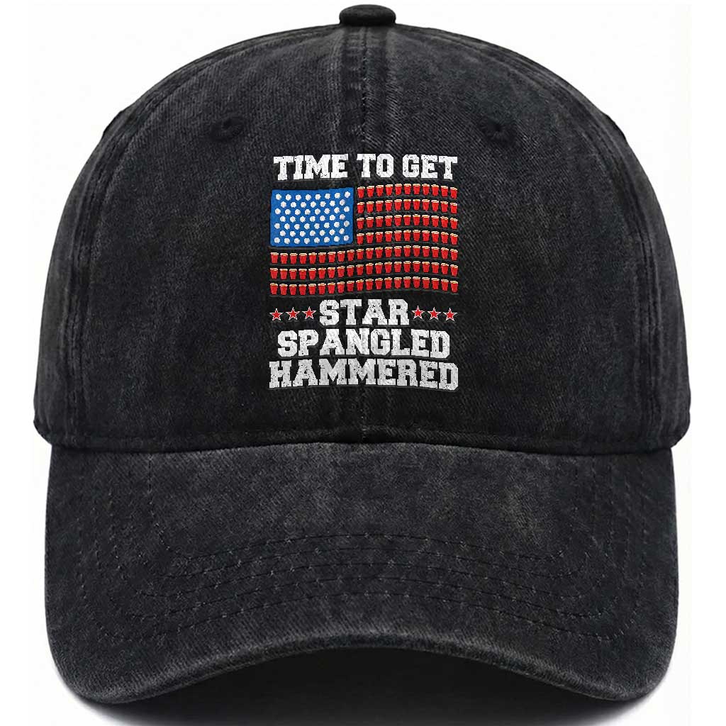 Funny Time To Get Star Spangled Hammered Washed Cotton Baseball Cap 4th of July Drinking Beer Pong Red Cup American Flag