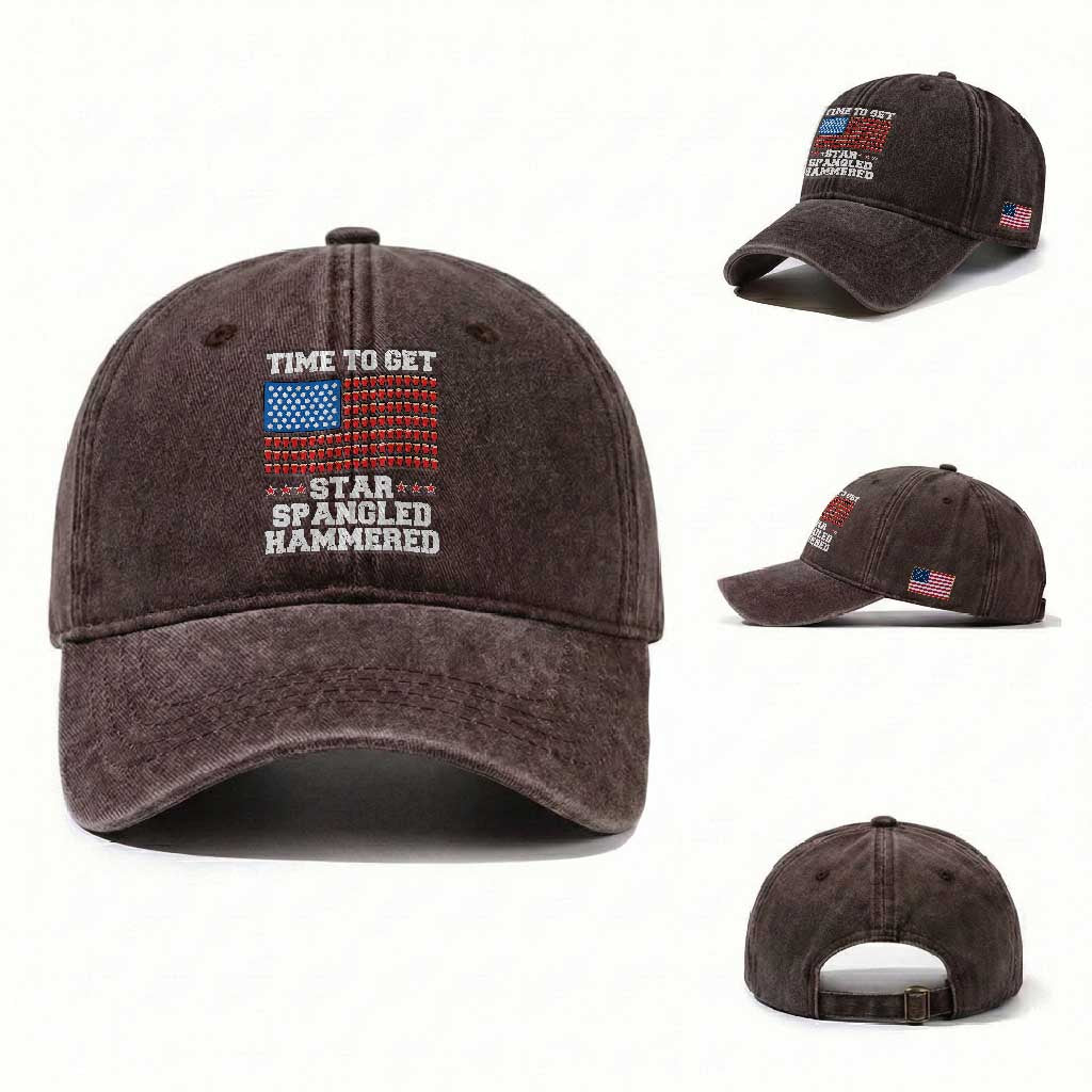 Funny Time To Get Star Spangled Hammered Washed Cotton Baseball Cap 4th of July Drinking Beer Pong Red Cup American Flag