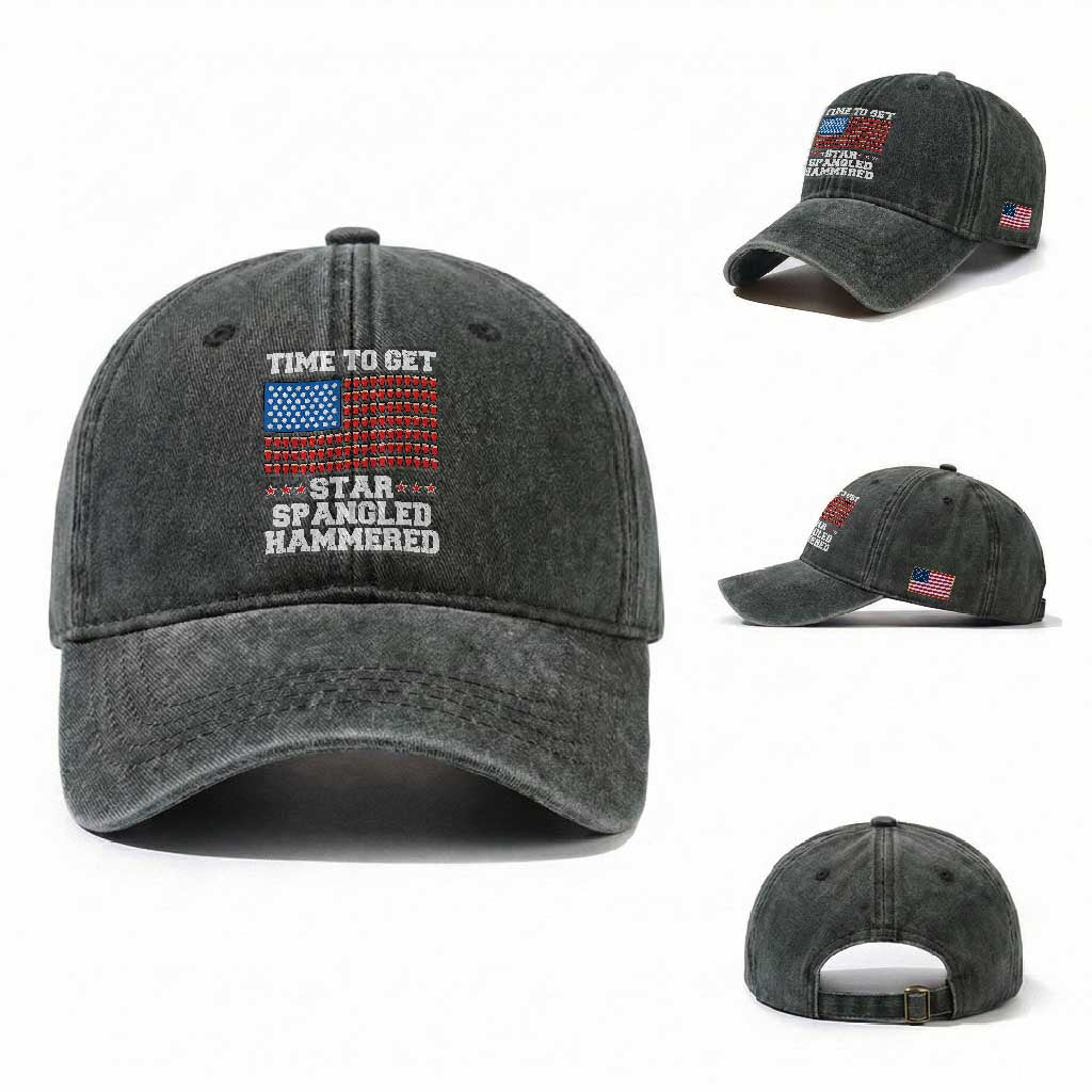 Funny Time To Get Star Spangled Hammered Washed Cotton Baseball Cap 4th of July Drinking Beer Pong Red Cup American Flag