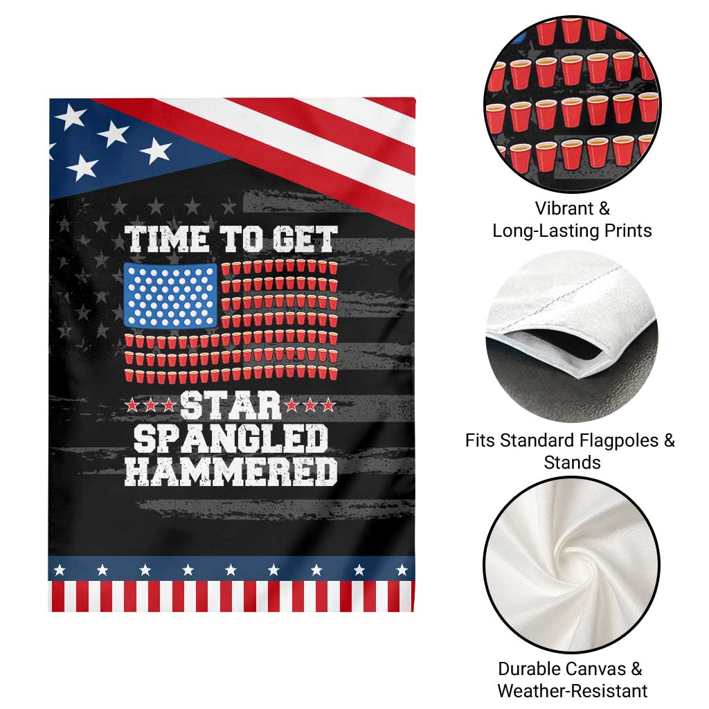 Funny Time To Get Star Spangled Hammered Garden Flag 4th of July Drinking Beer Pong Red Cup American Flag