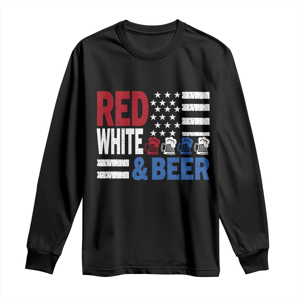 Funny American Drinking Long Sleeve Shirt Red White And Beer 4th Of July USA Flag - Wonder Print Shop