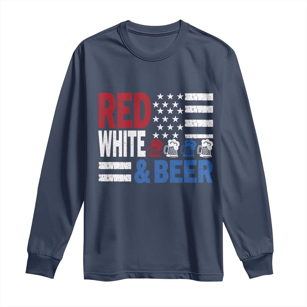 Funny American Drinking Long Sleeve Shirt Red White And Beer 4th Of July USA Flag - Wonder Print Shop