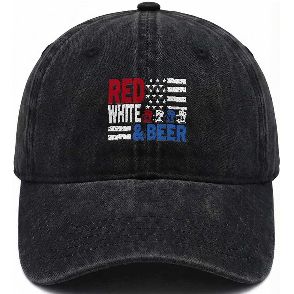 Funny American Drinking Washed Cotton Baseball Cap Red White And Beer 4th Of July USA Flag