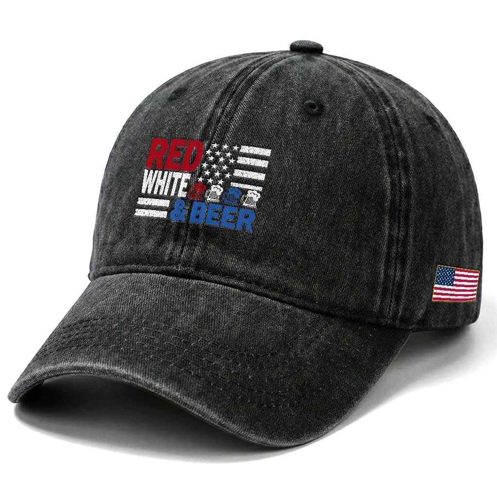 Funny American Drinking Washed Cotton Baseball Cap Red White And Beer 4th Of July USA Flag
