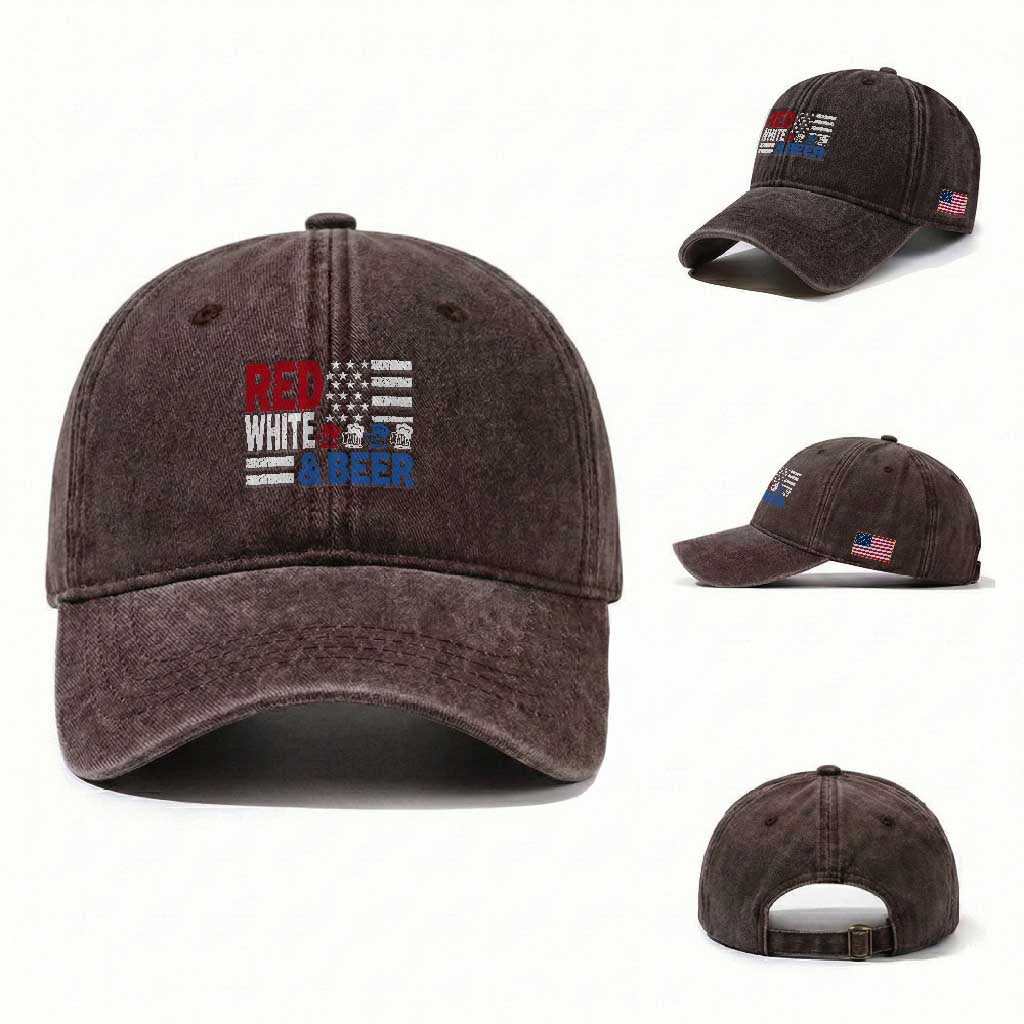 Funny American Drinking Washed Cotton Baseball Cap Red White And Beer 4th Of July USA Flag